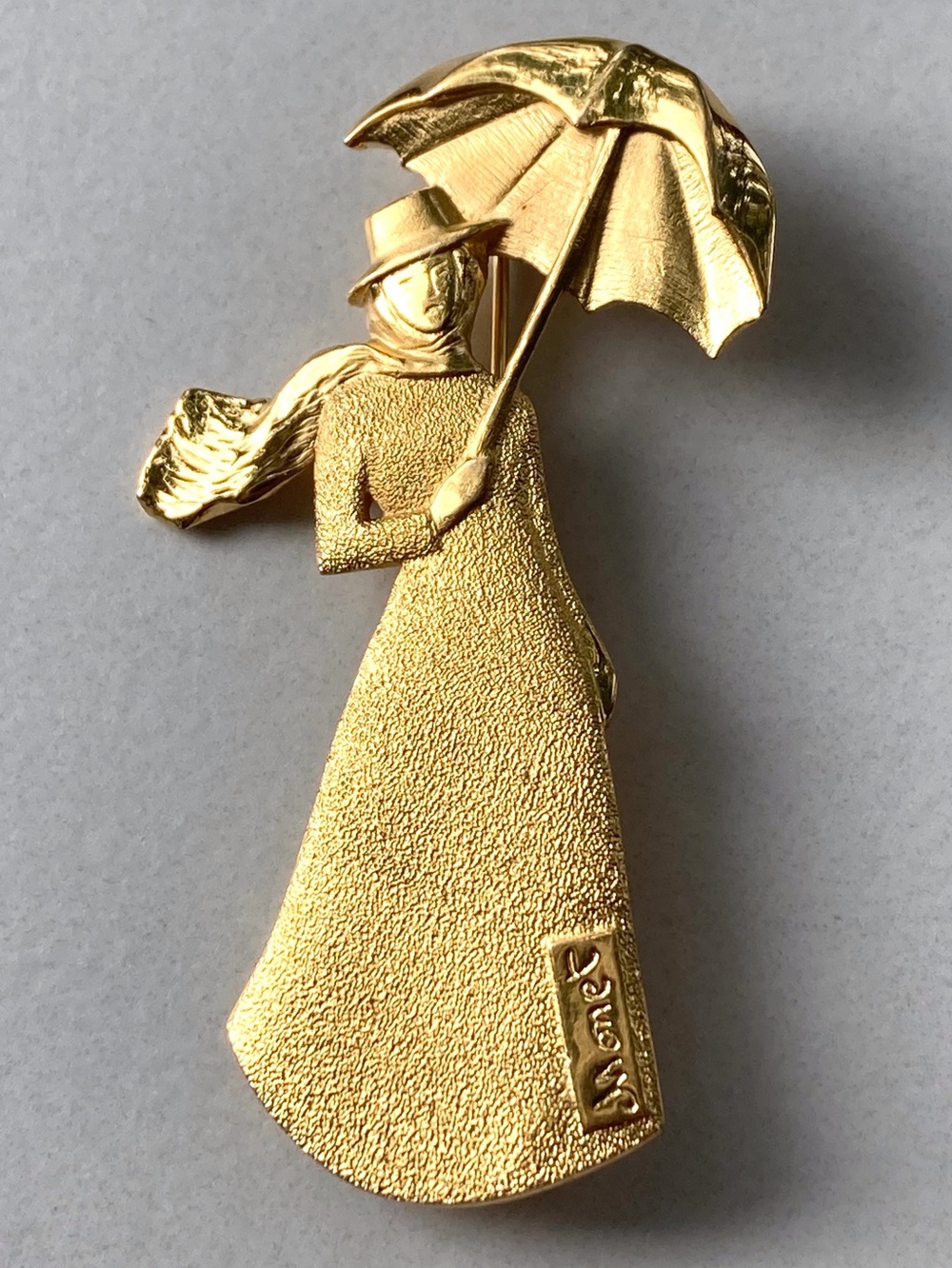 Vintage Fortin Signed Gold-Tone Lady with Umbrella Brooch - Monet Inspired